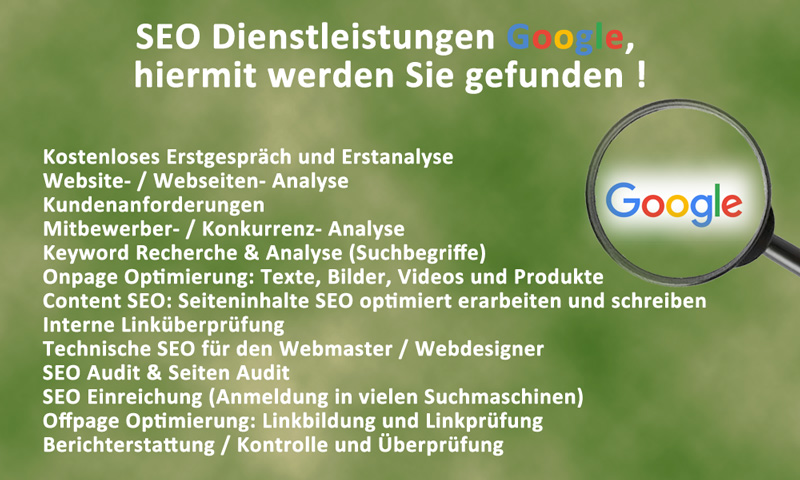 SEO Dienstleistungen: Webseiten Audit, Konkurrenzanalyse, Keyword Recherche, On-Page und Off-Page Optimierung sowie Ranking Berichte